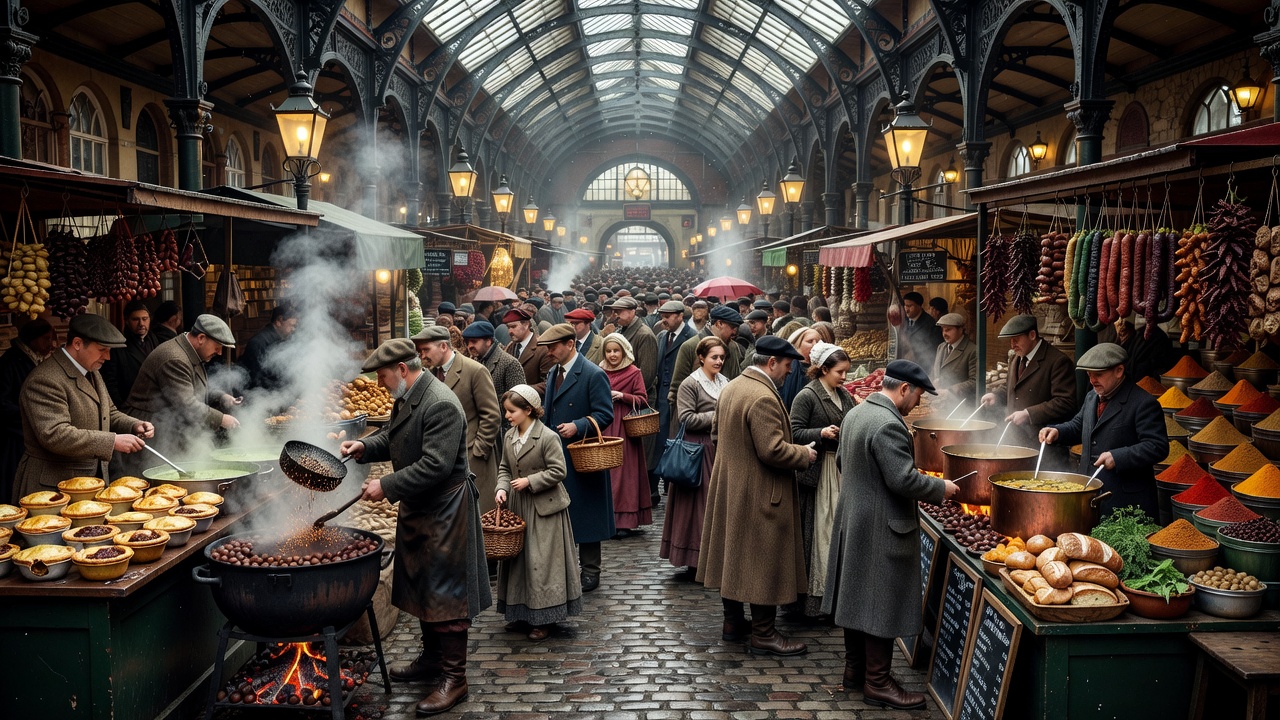 Crowded Victorian market arcade with artisanal hot food traders in London