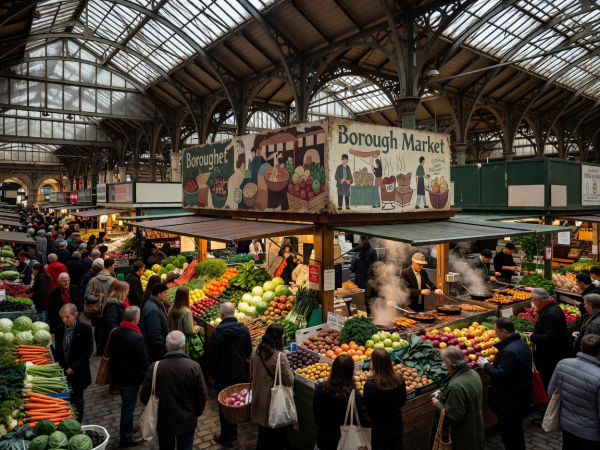 Crowded produce and street food stalls under Victorian roof in Borough Market