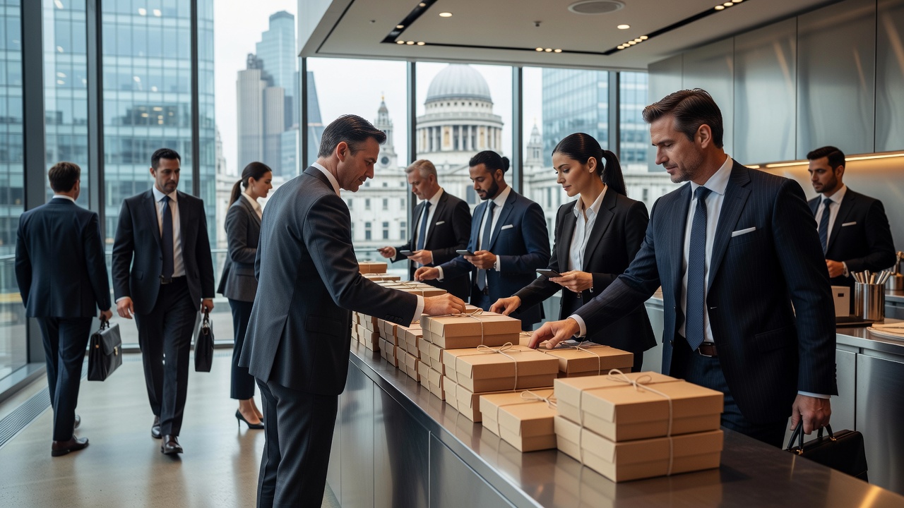 A sleek City of London lunch counter with banking professionals collecting boxed lunches