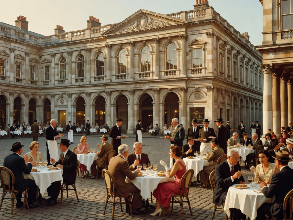 Historic piazza facade and dining crowd in Covent Garden London