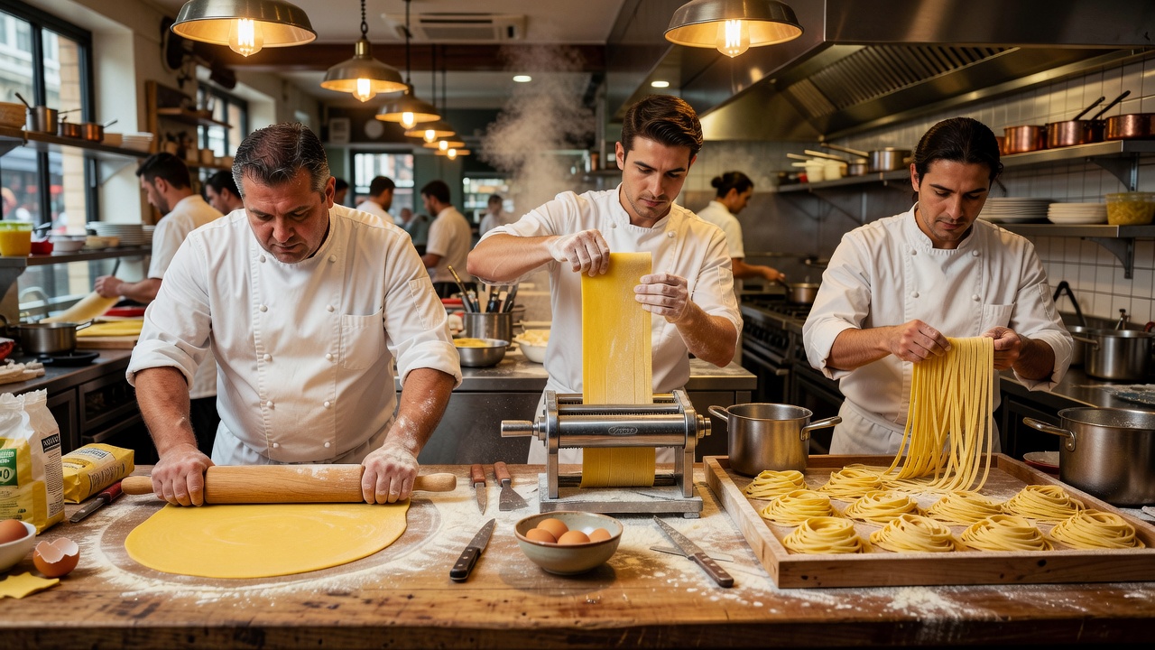 A busy dining room counter near Covent Garden with chefs rolling fresh pasta sheets
