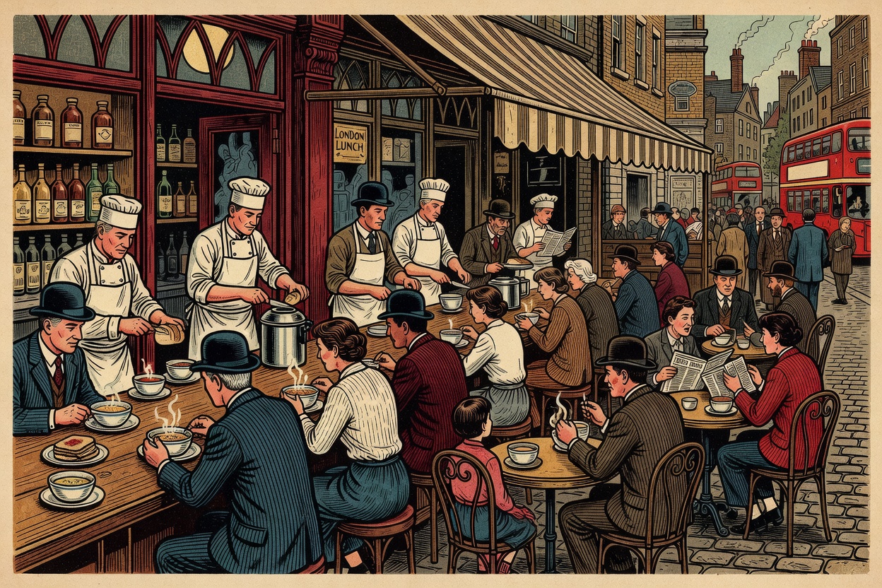 Woodblock style illustration of a busy London lunch counter and dining terrace
