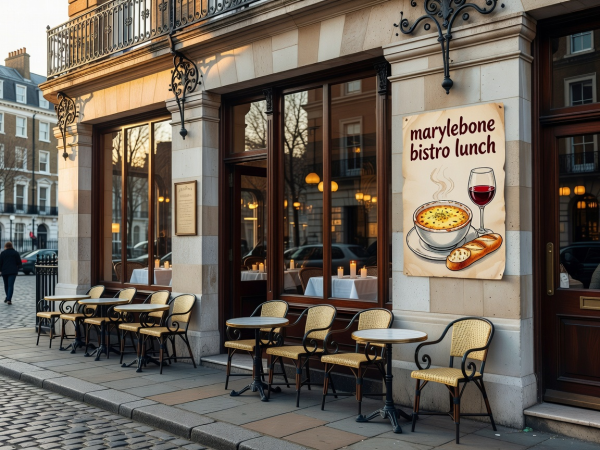 Elegant Parisian-style bistro facade with outdoor dining chairs in Marylebone London