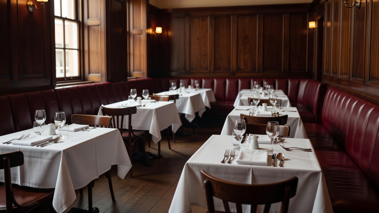 A wood-panelled dining room in Marylebone with booth seating and linen tablecloths
