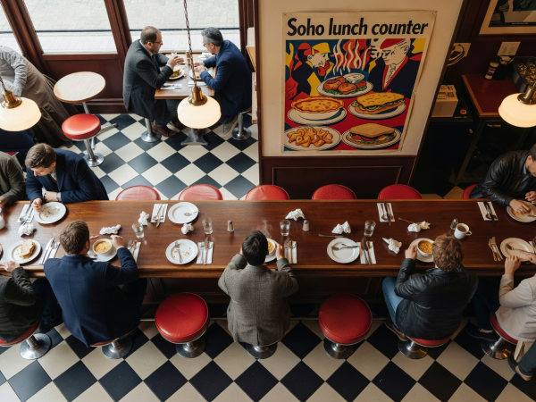 Overhead view of counter seats in Soho London restaurant
