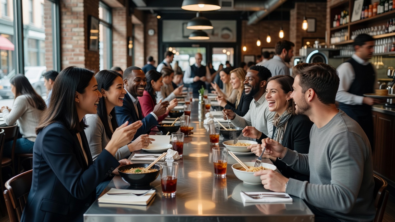 Diners sitting along a stainless steel counter at an energetic Soho restaurant